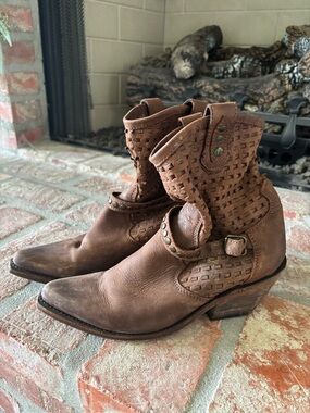 Woven Leather Western Ankle Boots — Brown